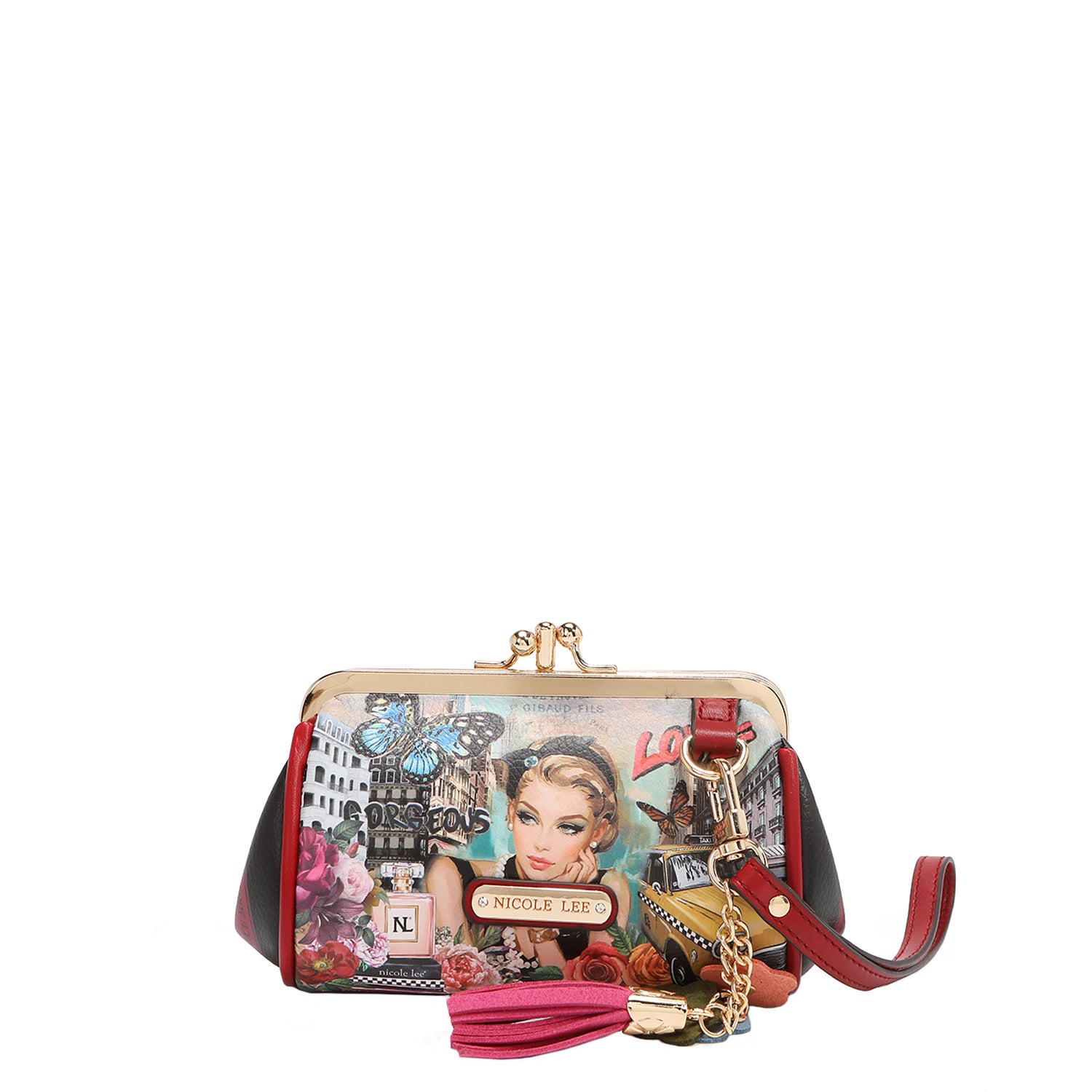 Mini Kiss Lock Coin Purse Leather Wristlet Flower Keychain