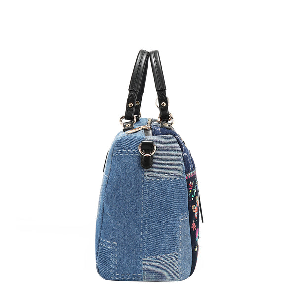 Bosque de Amor Denim Boston Bag Embellished with Sequins, Thread