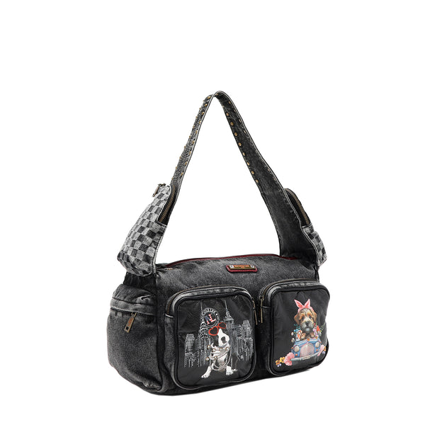 Family Yearbook Denim Shoulder Bag with Multiple Zip Compartments