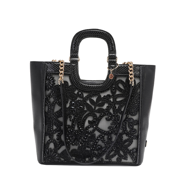 Lace Top Handle Handbag, Embellished with tonal rhinestones and
