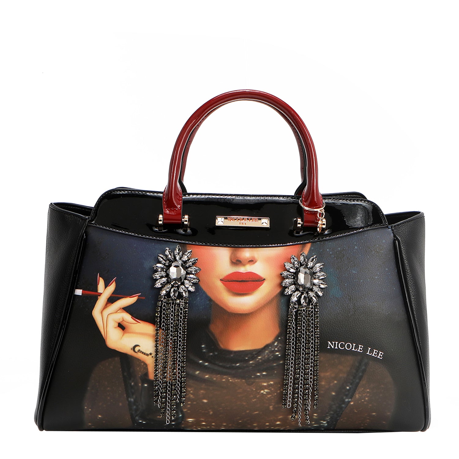 Belleza Wide Handbag Embellished with Large Rhinestone Dangling
