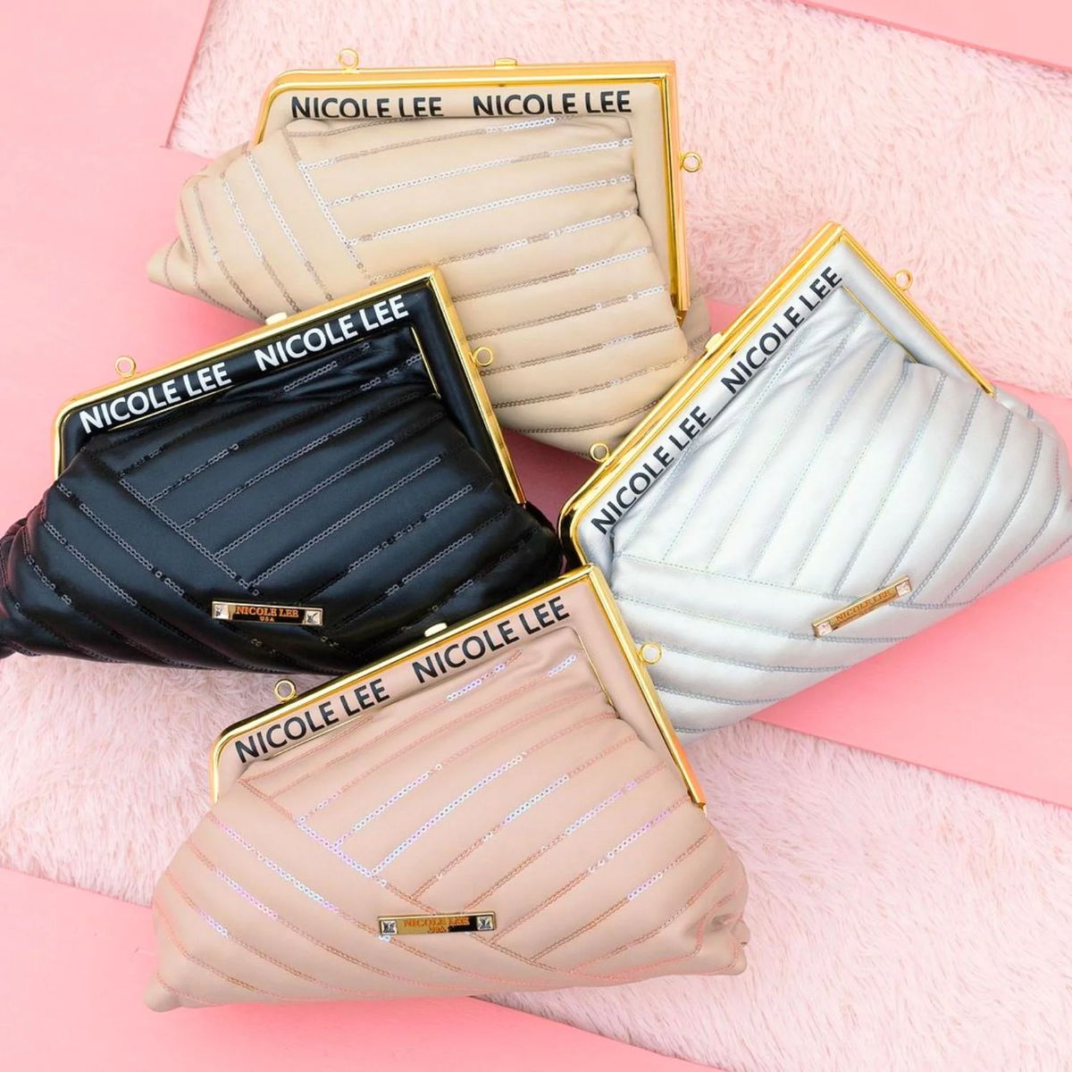 Nicole Lee angle sequin clutch in vegan leather with sequin stitch detailing in beige, silver, black, and blush nude pink.