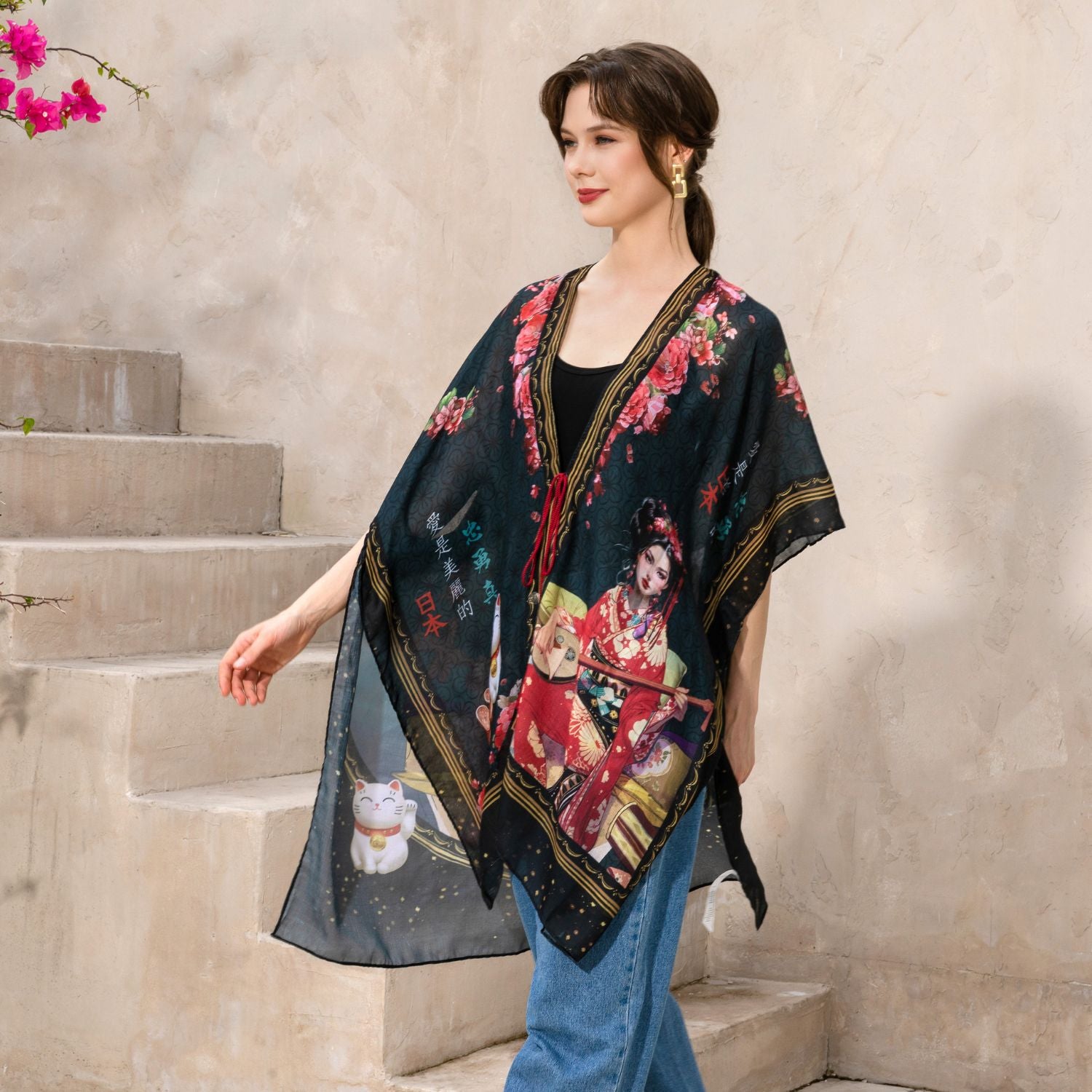Lightweight Kimono with Open Front, Short Sleeves and Tassel Tie