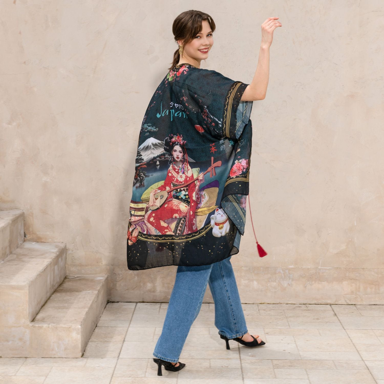 Lightweight Kimono with Open Front, Short Sleeves and Tassel Tie