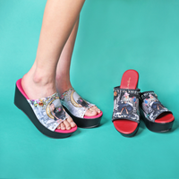 OUR NICOLE LEE COLLECTION OF OUR CASUAL WEDGE SANDALS IN OUR , SUCCESS IN NEW YORK, DREAMING THE CITY DESIGN SET ON A SIMPLE TURQUOISE BACKGROUND.