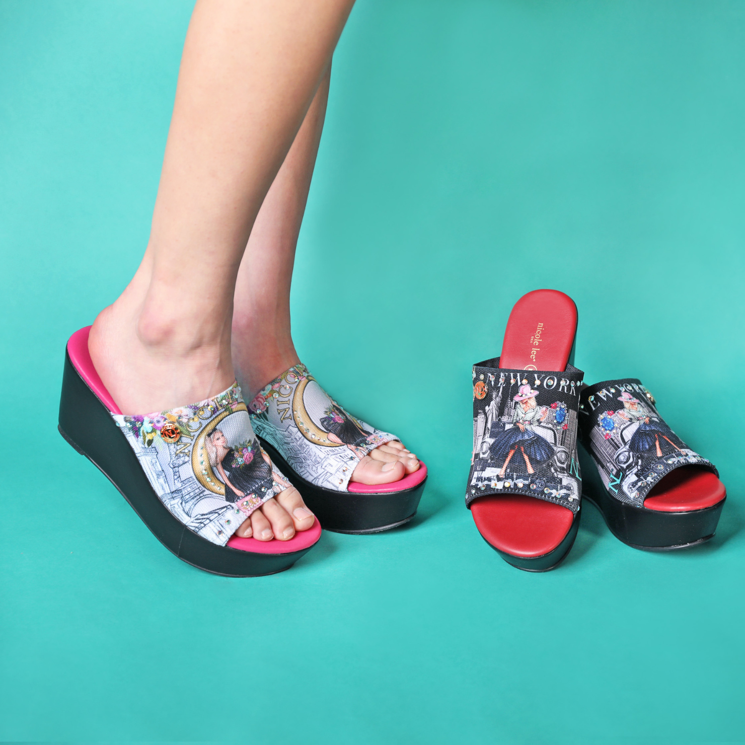 OUR NICOLE LEE COLLECTION OF OUR CASUAL WEDGE SANDALS IN OUR , SUCCESS IN NEW YORK, DREAMING THE CITY DESIGN SET ON A SIMPLE TURQUOISE BACKGROUND.