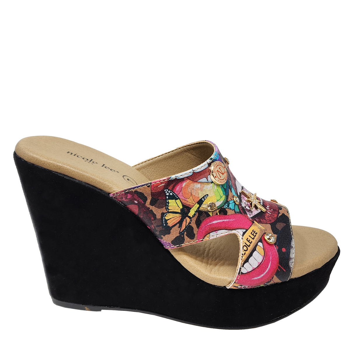 OUR CUTOUT WEDGE SANDALS IN OUR NICOLE LEE ALL EMOTION DESIGN WITH A 4.5' HEEL HEIGHT