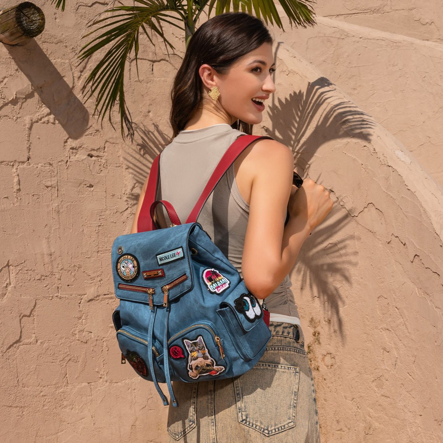Multi Patch Backpack, Vegan Leather with Denim Look, Cat/Dog