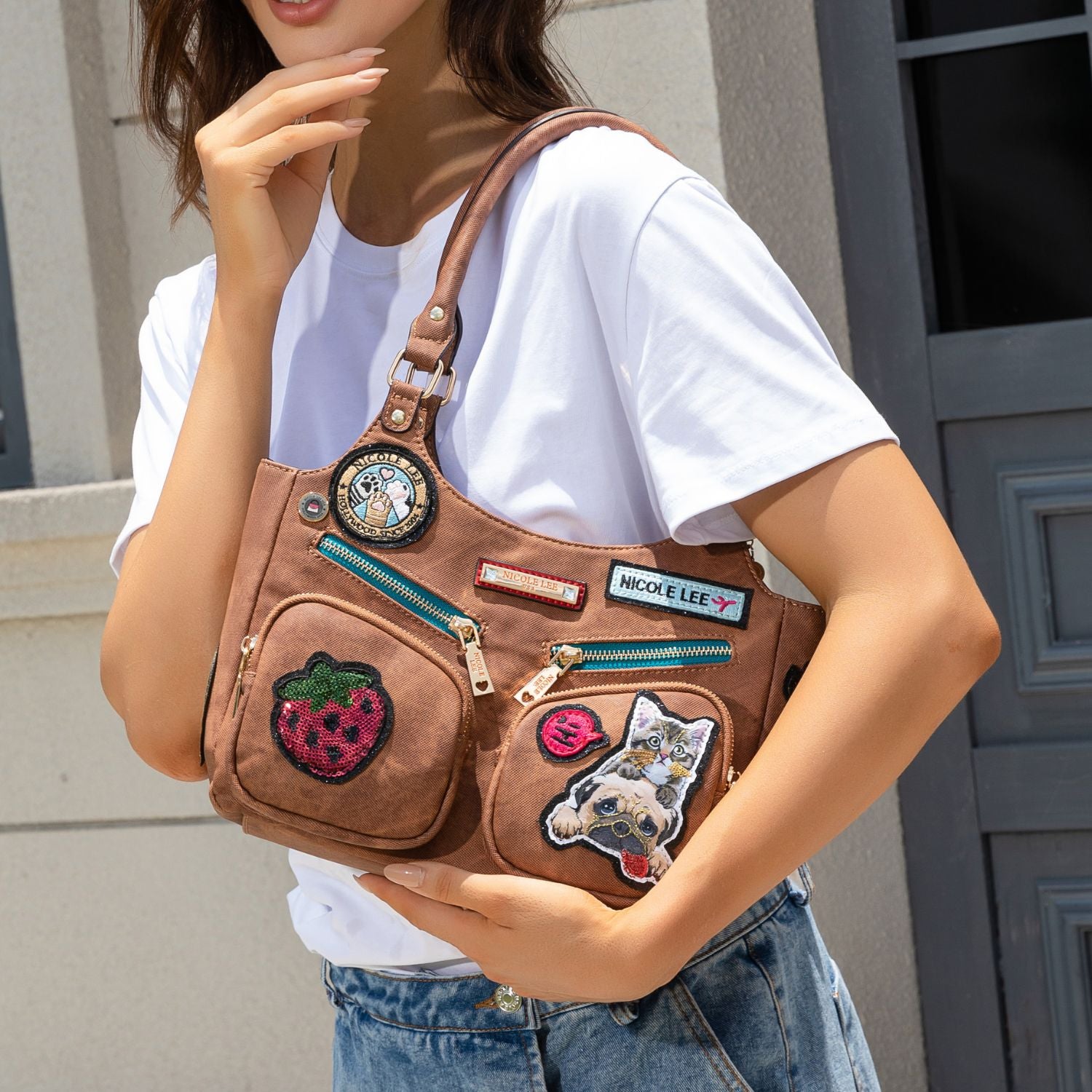 Multi Patch Shoulder Bag, Vegan Leather with Denim Look, Cat/Dog