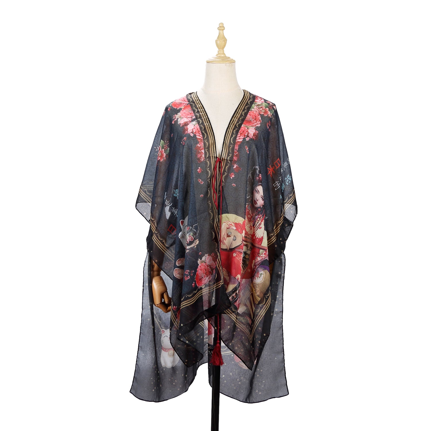 Lightweight Kimono with Open Front, Short Sleeves and Tassel Tie