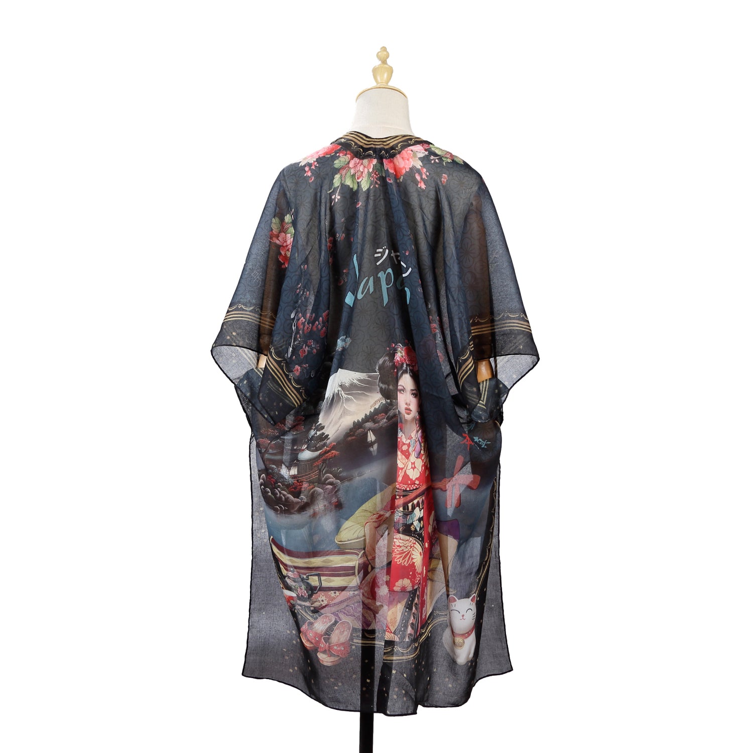 Lightweight Kimono with Open Front, Short Sleeves and Tassel Tie