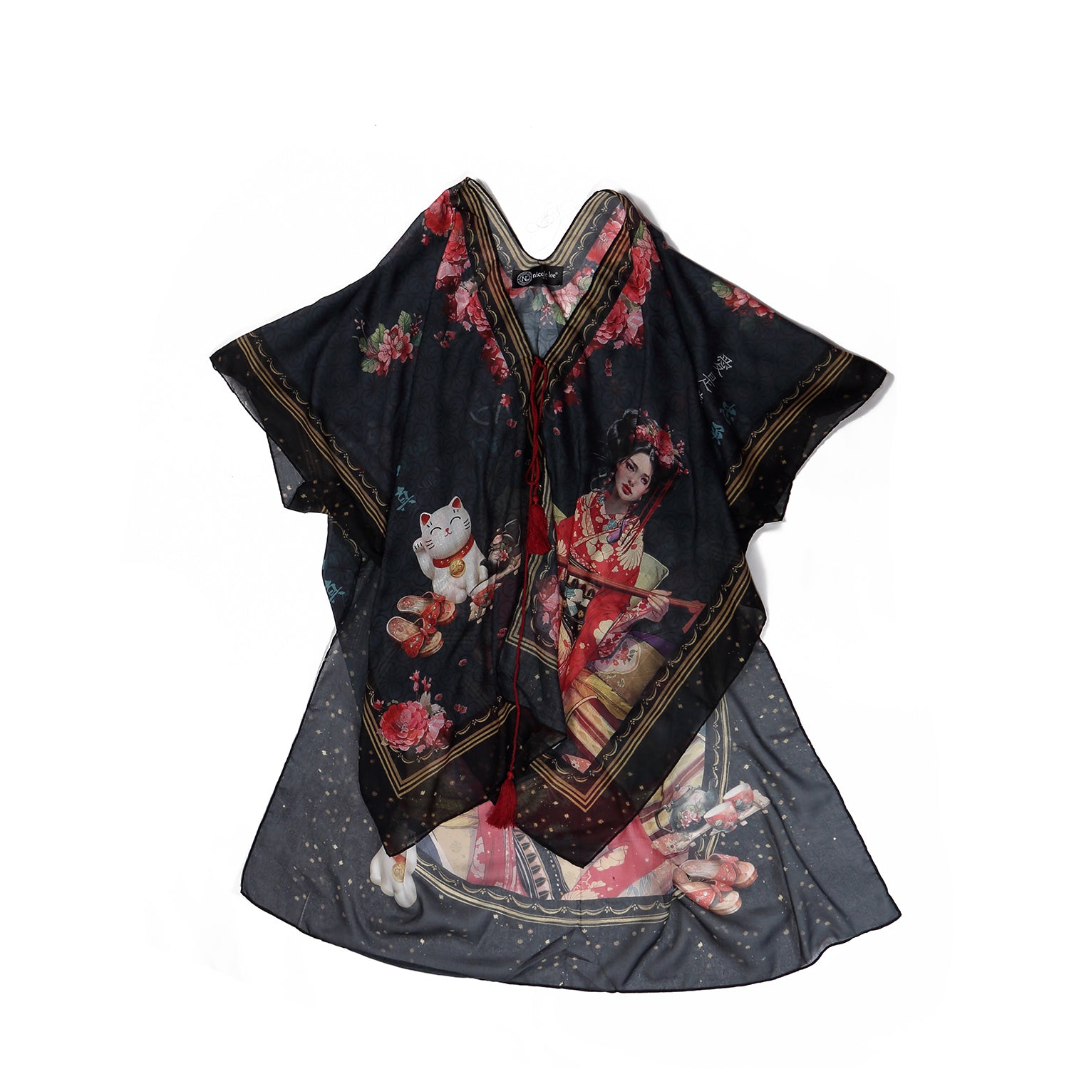 Lightweight Kimono with Open Front, Short Sleeves and Tassel Tie