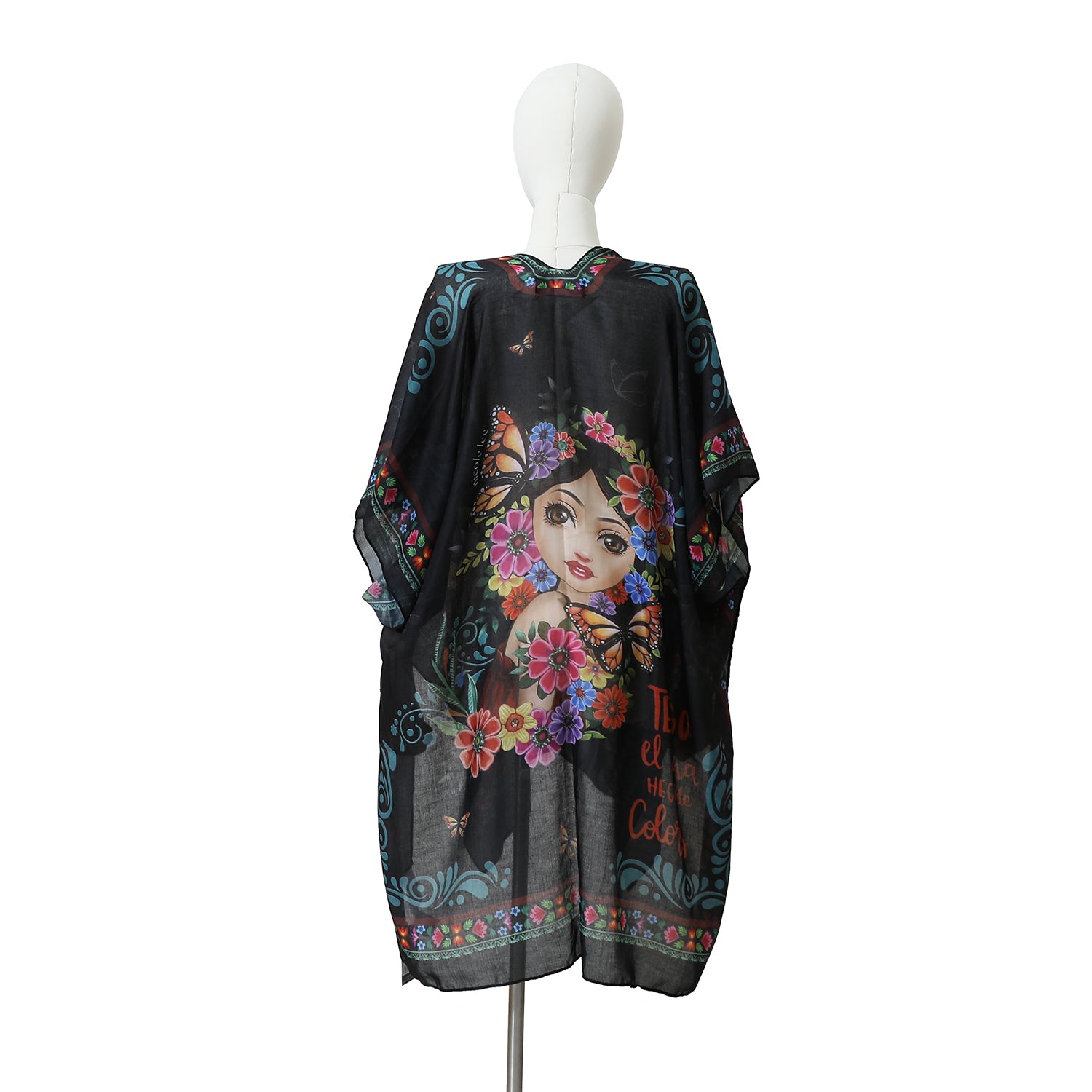 WHITE MANNEQUIN IN OUR NICOLE LEE KIMONO ALMA DE COLORES BACK DESIGN.