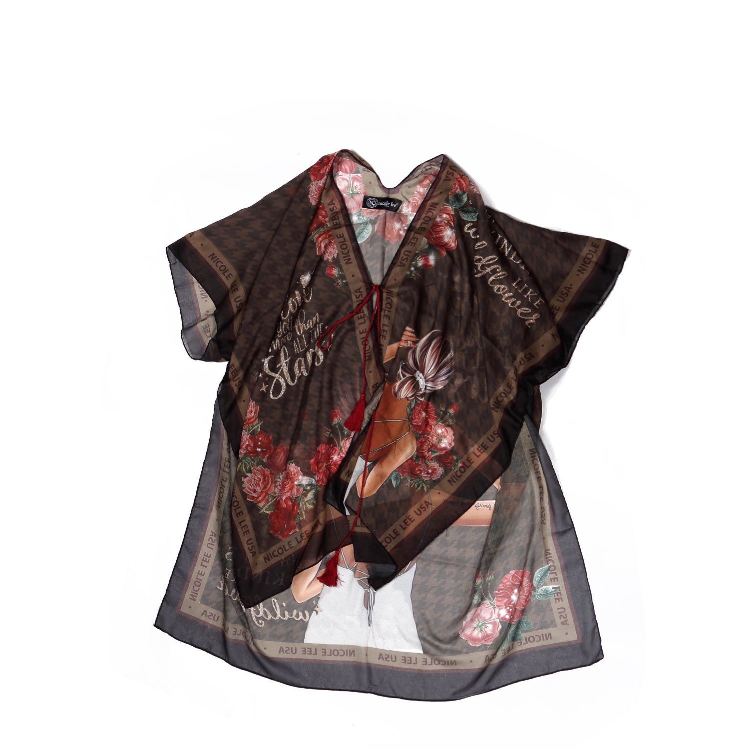 Lightweight Kimono with Open Front, Short Sleeves and Tassel Tie