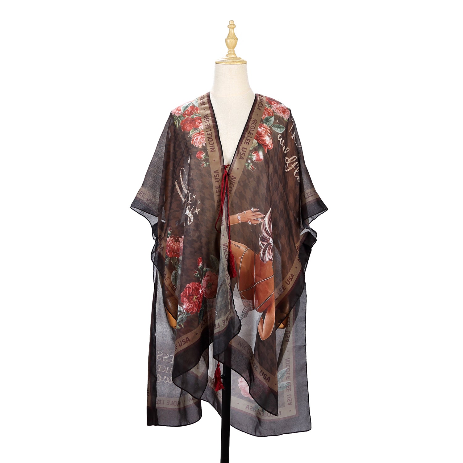 Lightweight Kimono with Open Front, Short Sleeves and Tassel Tie