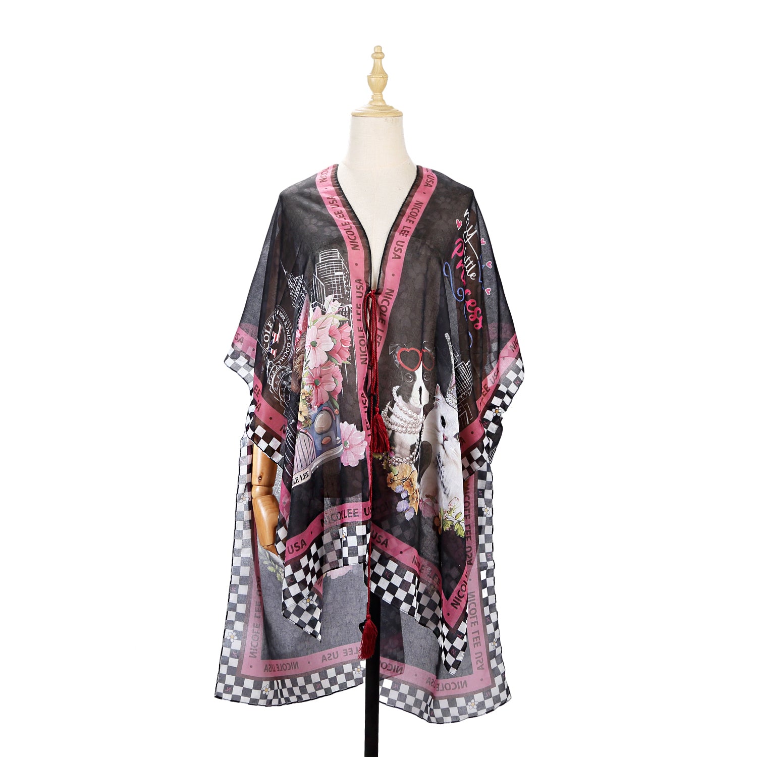 Lightweight Kimono with Open Front, Short Sleeves and Tassel Tie