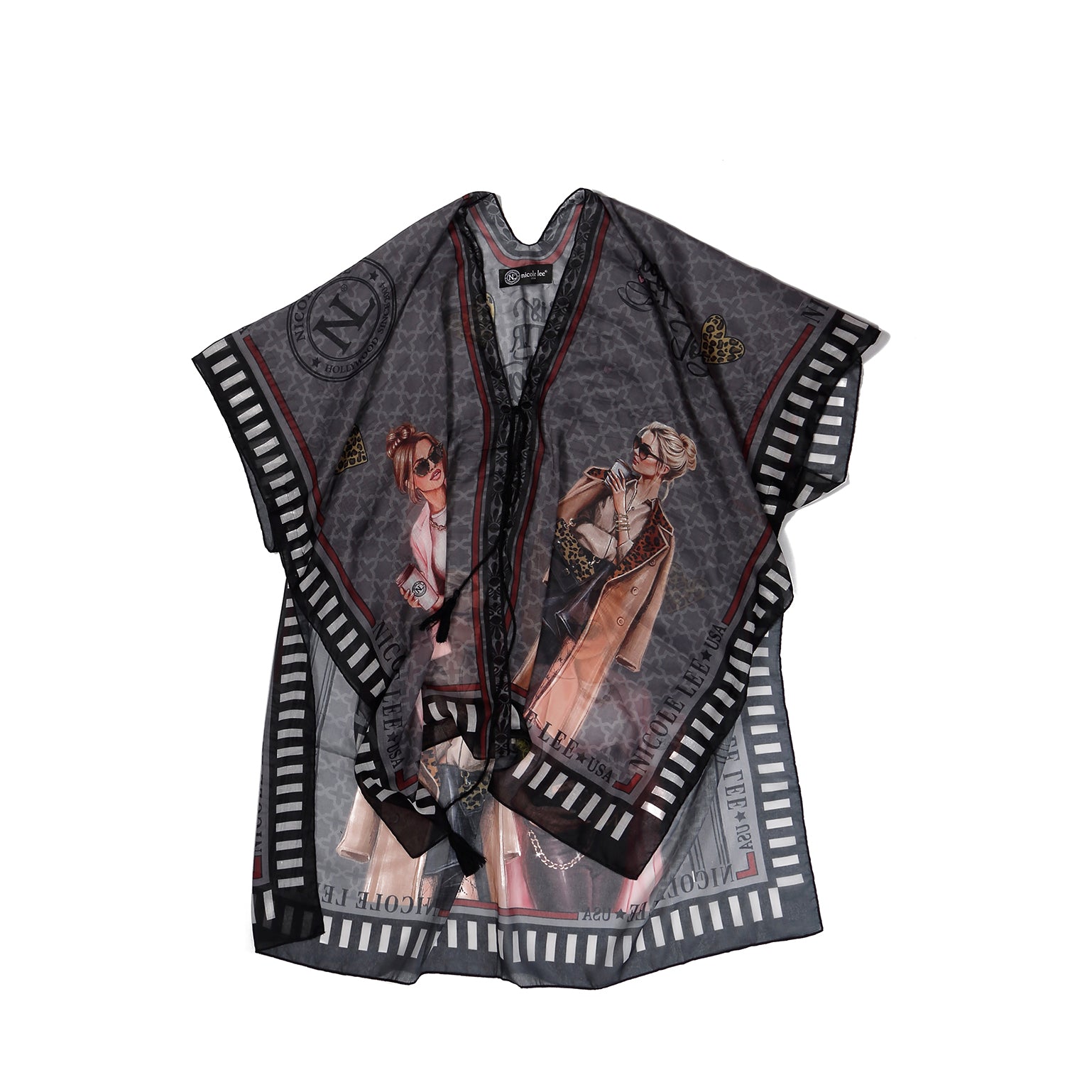 Lightweight Kimono with Open Front, Short Sleeves and Tassel Tie