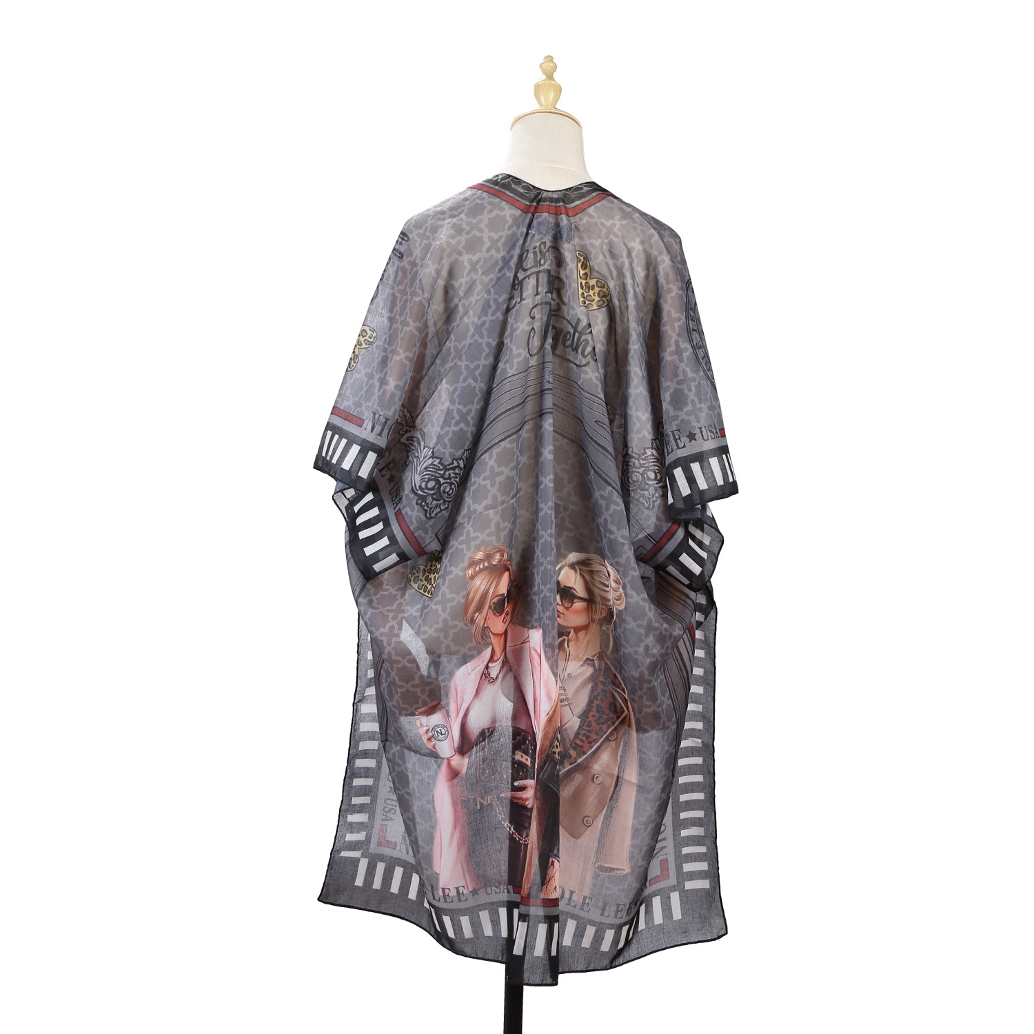 Lightweight Kimono with Open Front, Short Sleeves and Tassel Tie