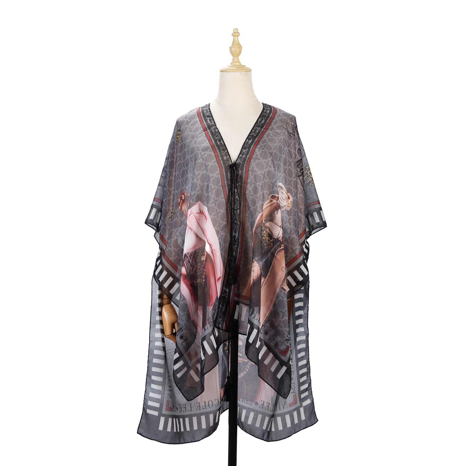 Lightweight Kimono with Open Front, Short Sleeves and Tassel Tie