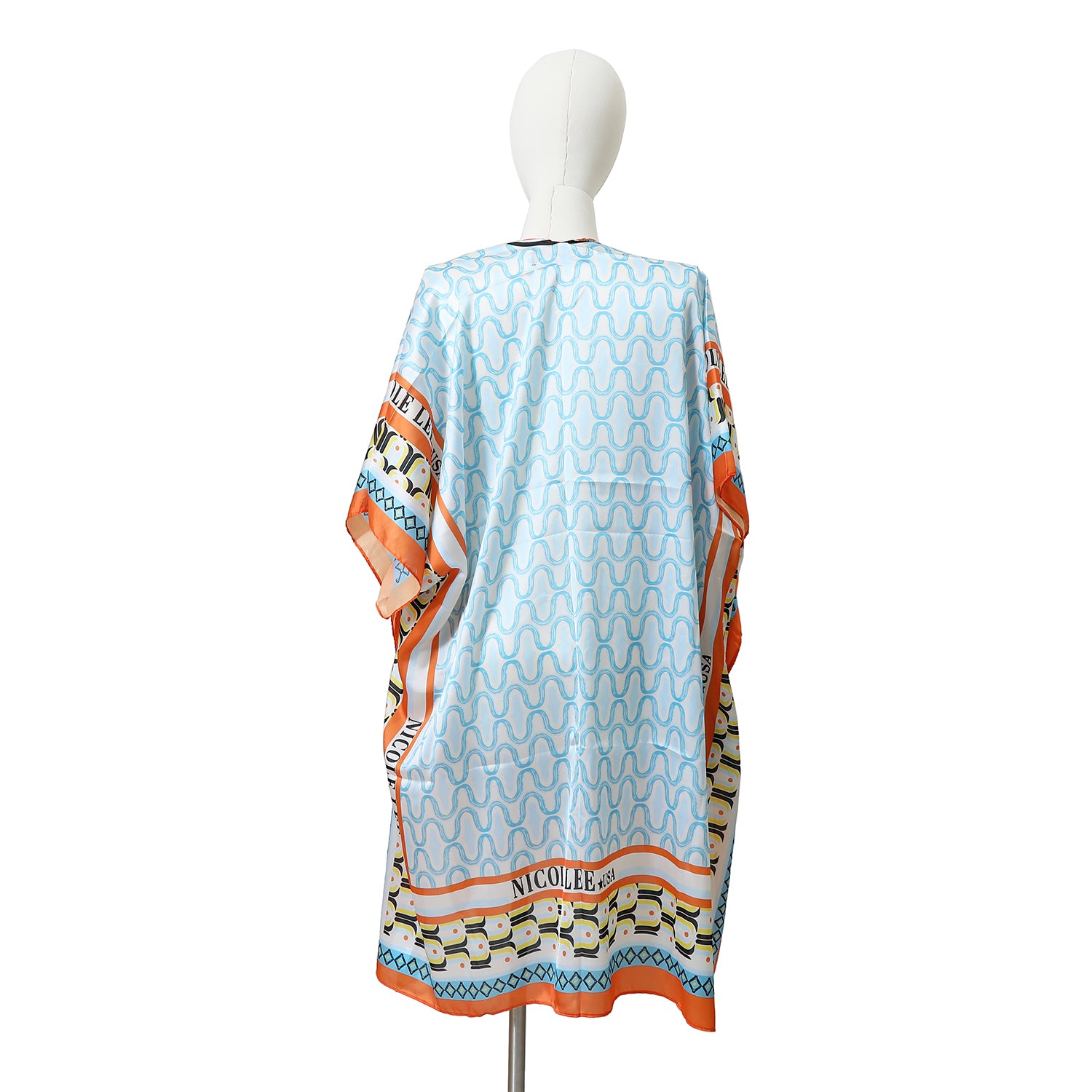 WHITE MANNEQUIN IN OUR PRINTED KIMONO IN BLUE BACK SIDE.