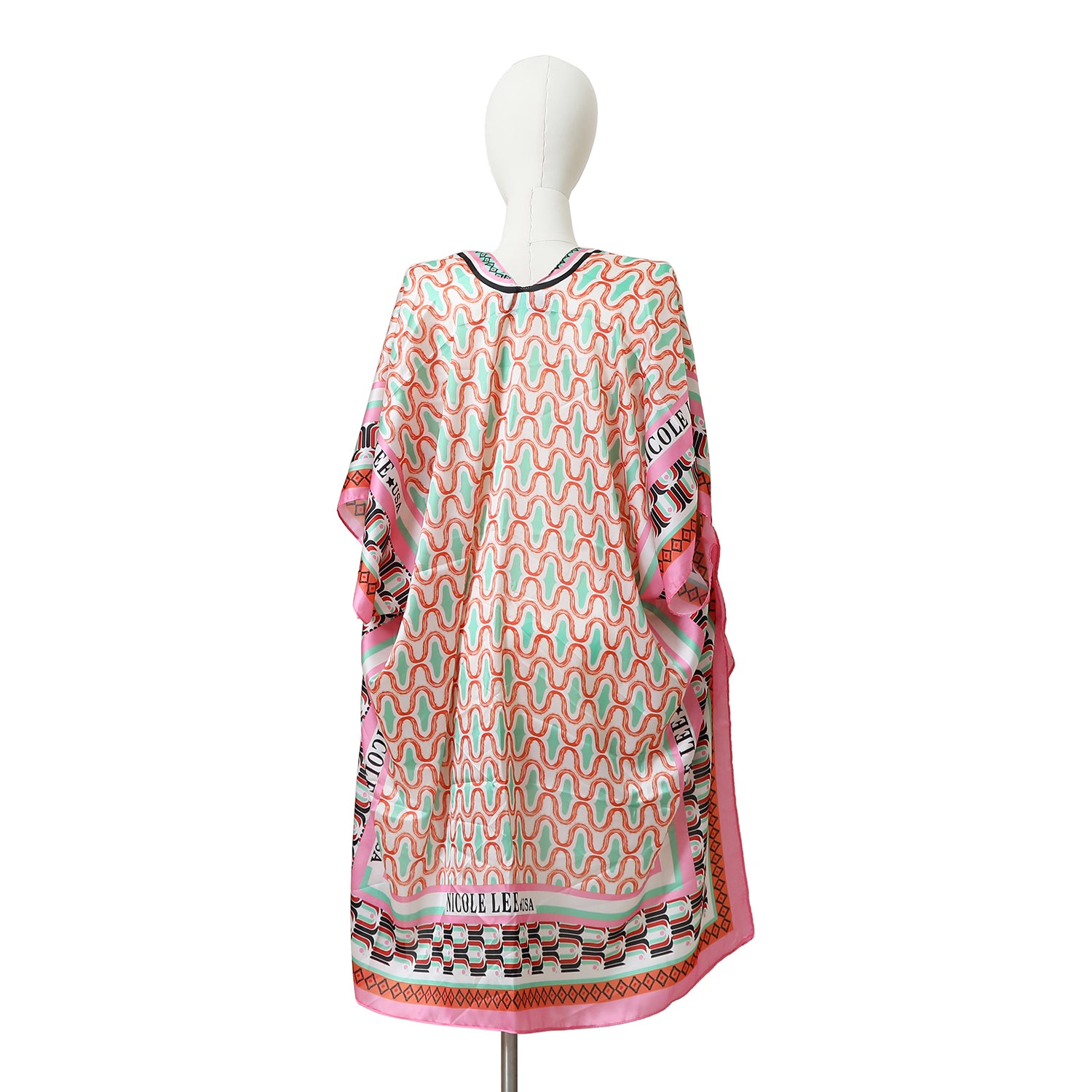 WHITE MANNEQUIN IN OUR PRINTED KIMONO IN PINK BACK SIDE.