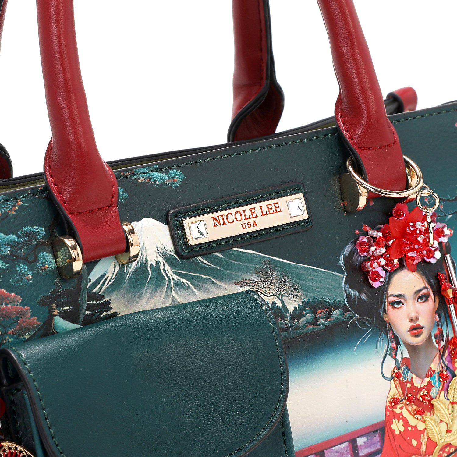 Akiko La Belleza Handbag with Front Lucky Cat Pocket, Embellished