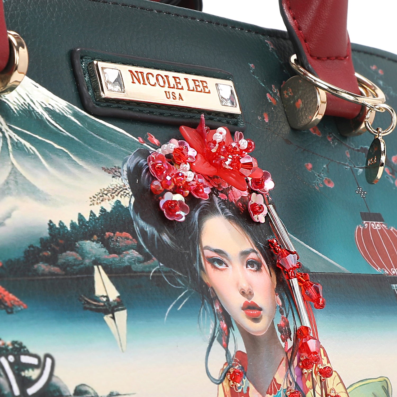 Akiko La Belleza Handbag with Front Lucky Cat Pocket, Embellished