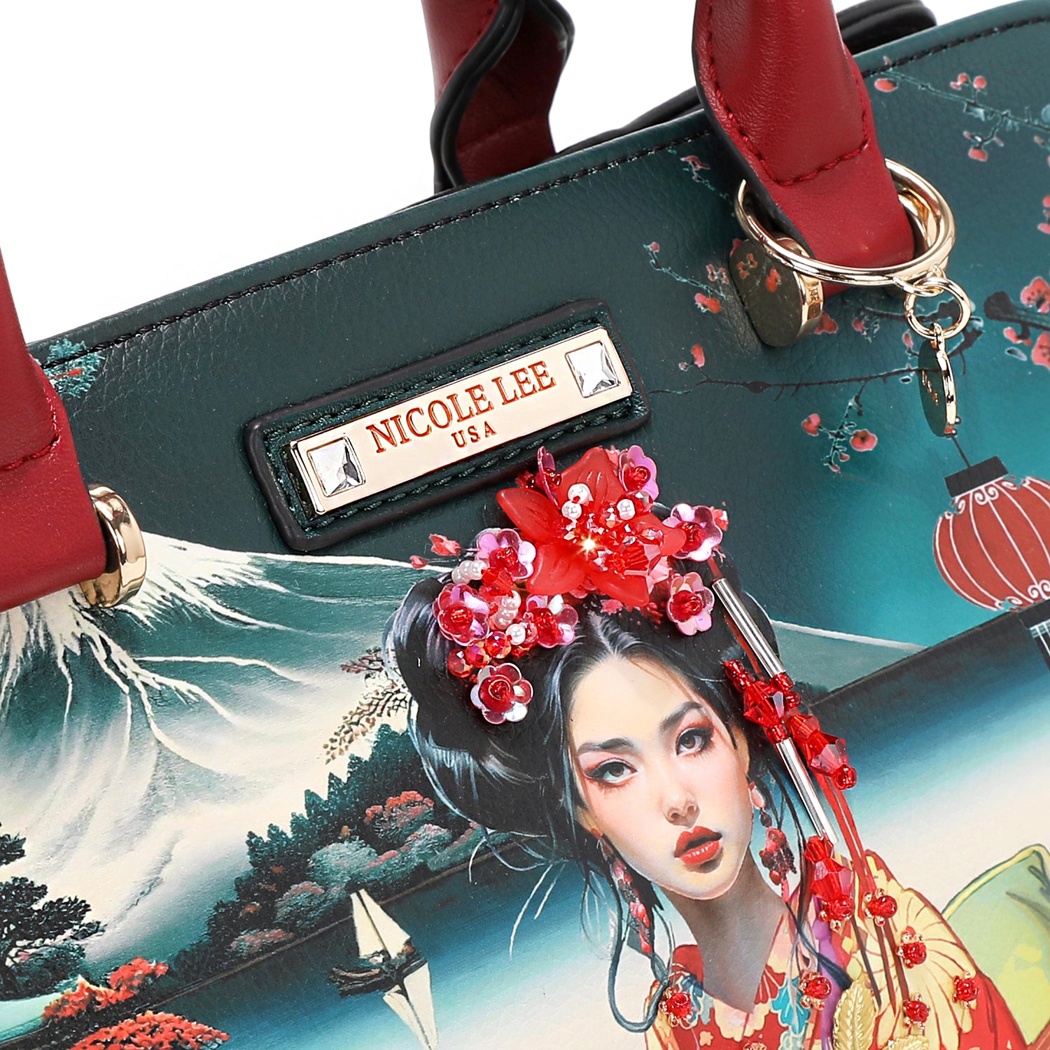 Akiko La Belleza Handbag with Front Lucky Cat Pocket, Embellished