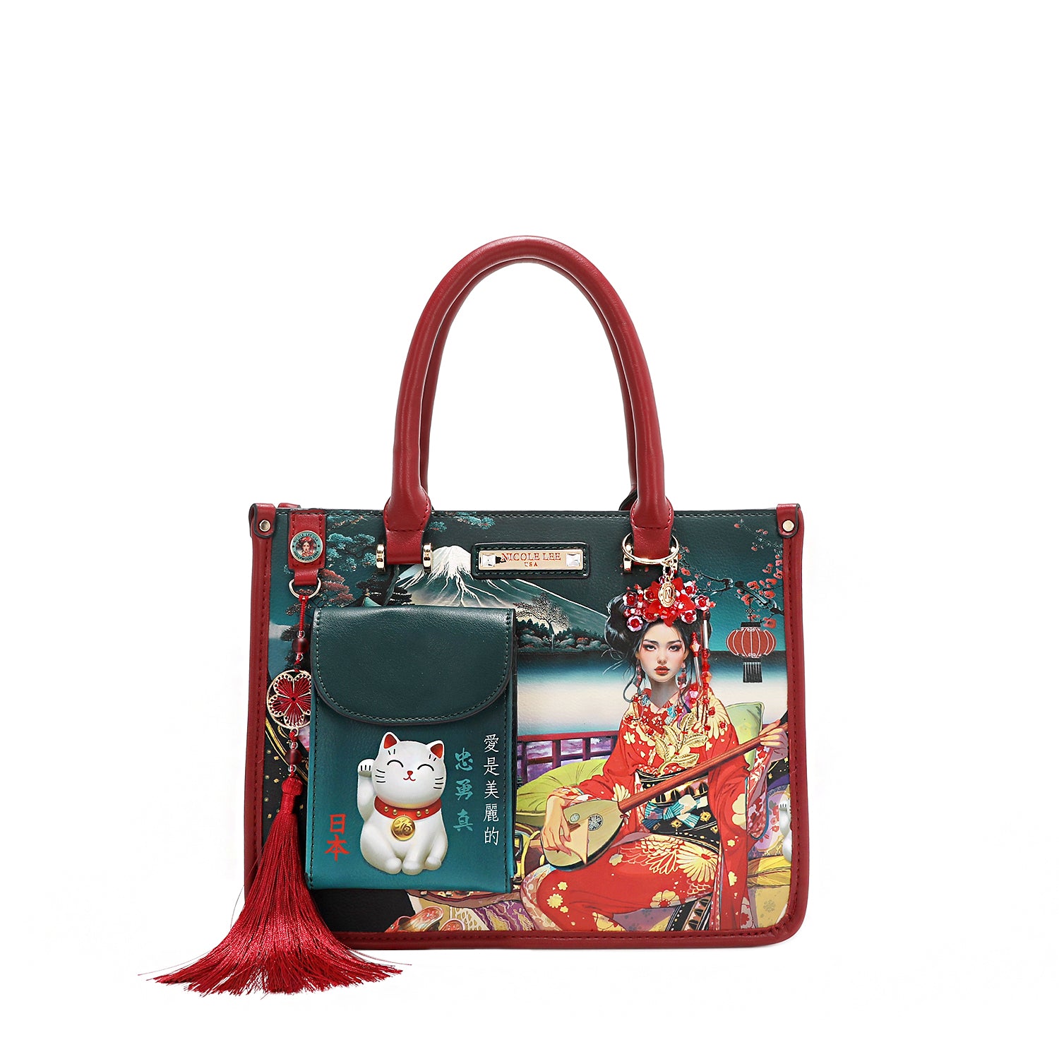 Akiko La Belleza Handbag with Front Lucky Cat Pocket, Embellished