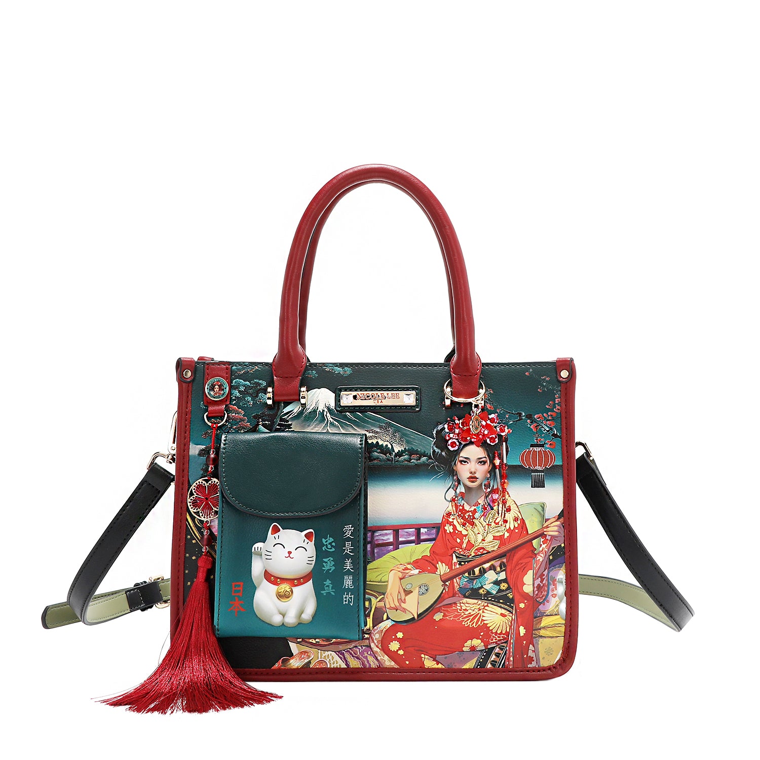 Akiko La Belleza Handbag with Front Lucky Cat Pocket, Embellished