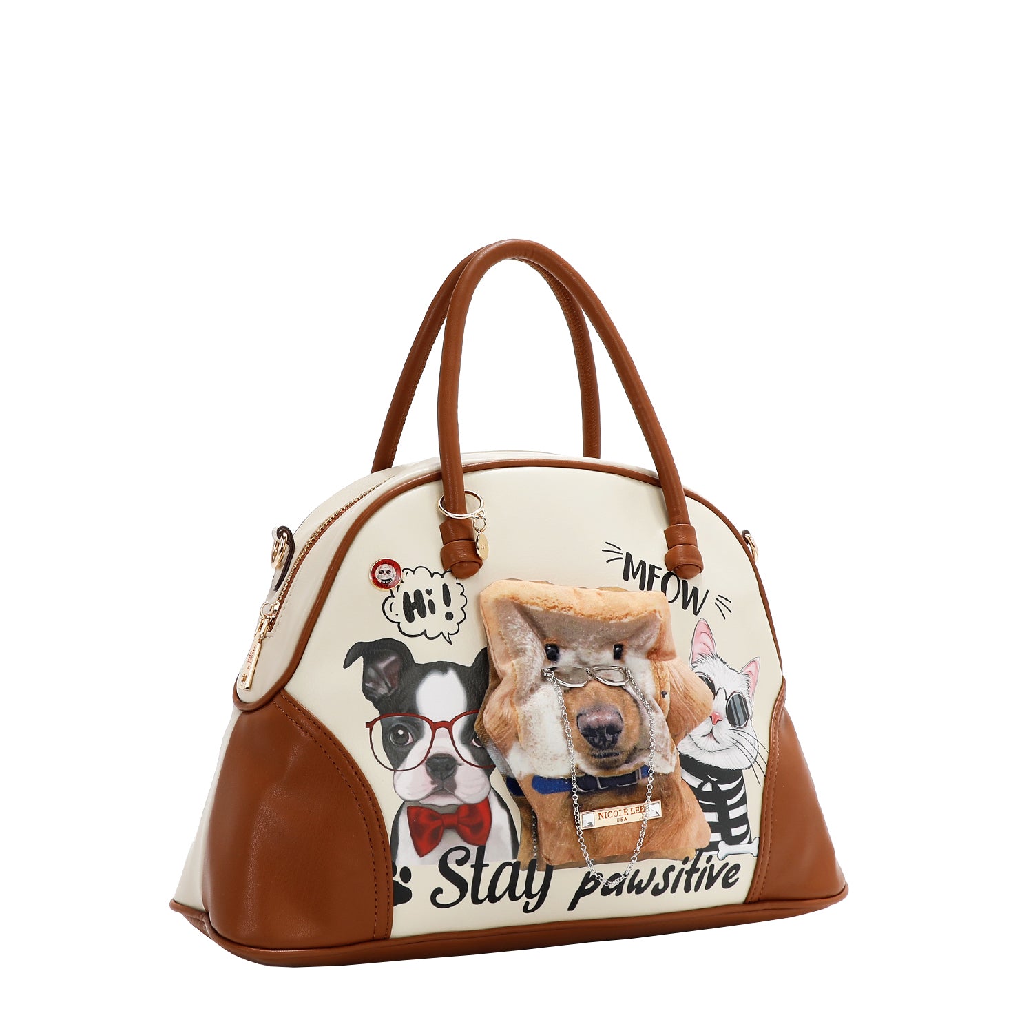 Big Brother Medium Dome Satchel Bag with Dog Plush, Cat Print in