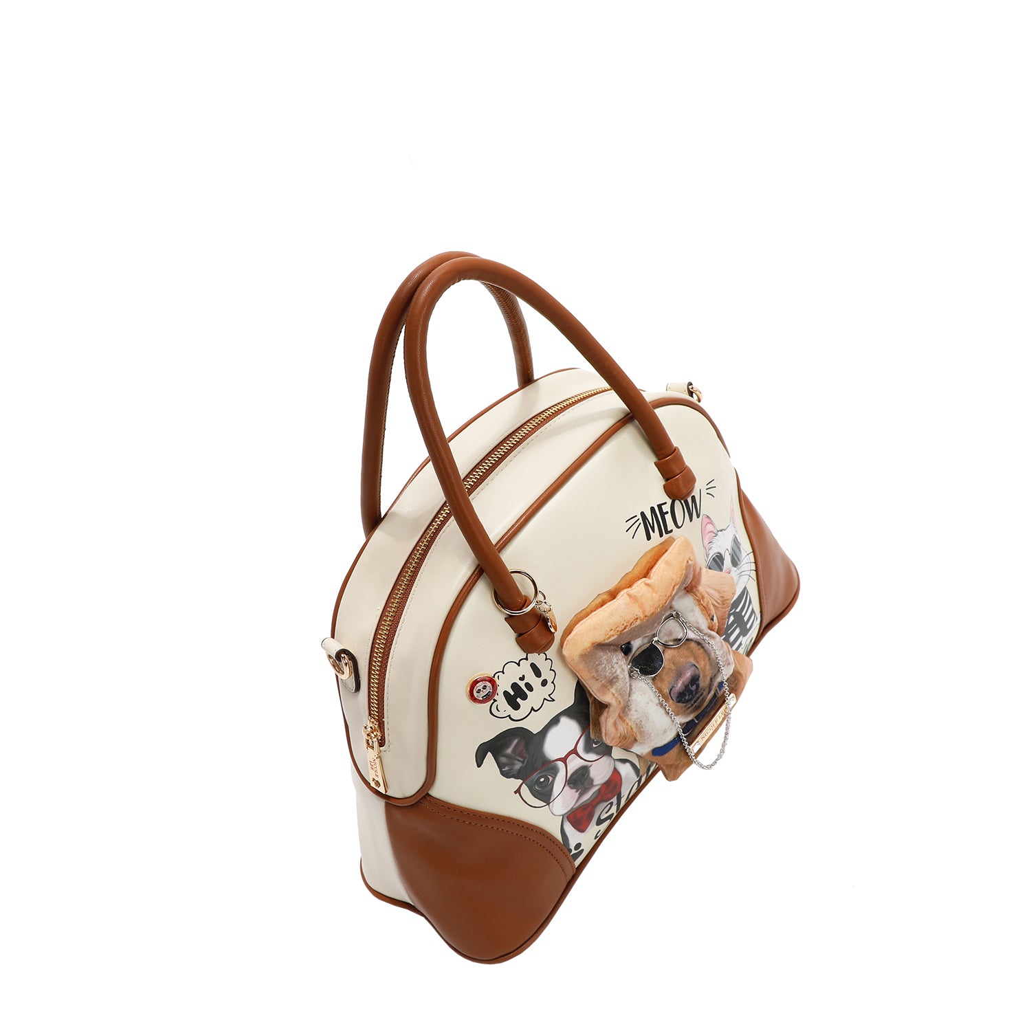 Big Brother Medium Dome Satchel Bag with Dog Plush, Cat Print in