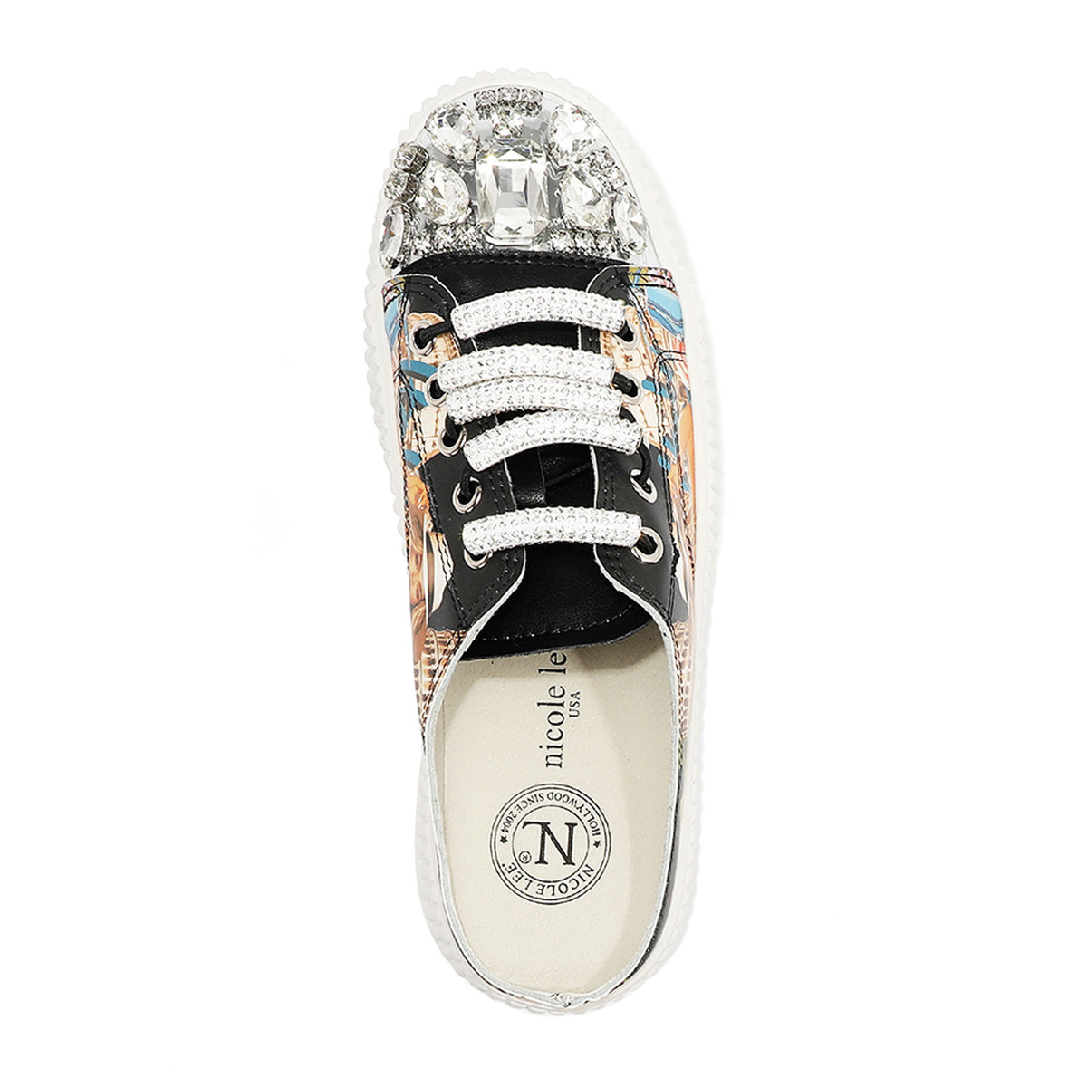 A VIEW FROM ABOVE TO OF OUR MARTHA TRAVEL ITALY MULE PLATFORM SNEAKERS WHITE LACES EMBELLISHED WITH RHINESTONES.