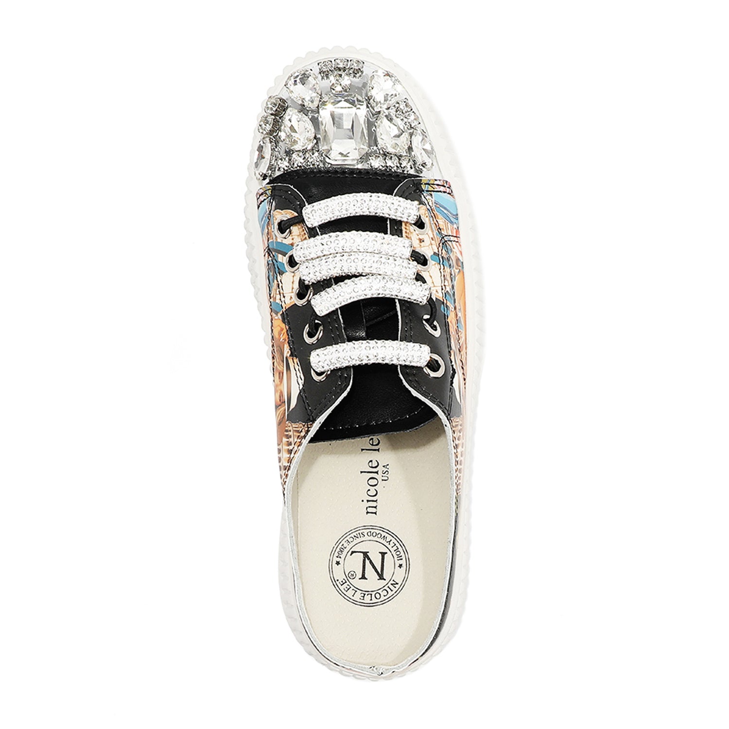 A VIEW FROM ABOVE TO OF OUR MARTHA TRAVEL ITALY MULE PLATFORM SNEAKERS WHITE LACES EMBELLISHED WITH RHINESTONES.