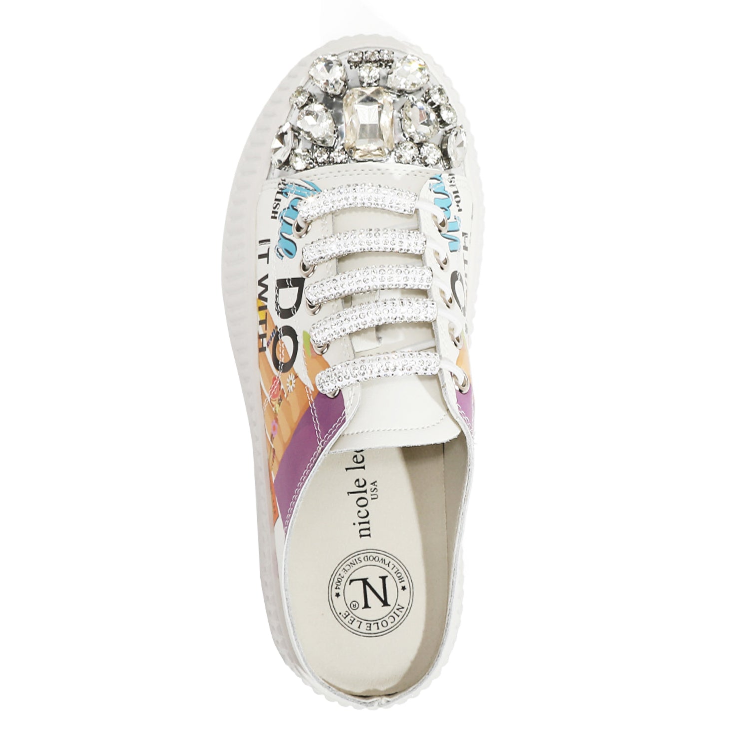 A VIEW FROM ABOVE TO OF OUR NAIL POLISH MULE PLATFORM SNEAKERS  . WHITE COLOR WITH WHITE LACES EMBELLISHED WITH RHINESTONES.
