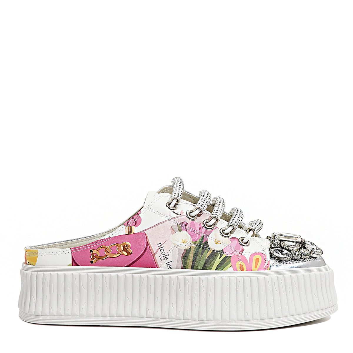 OUR MULE PLATFORM SNEAKERS IN OUR NICOLE LEE VIOLET BLOSSOM DESIGN.