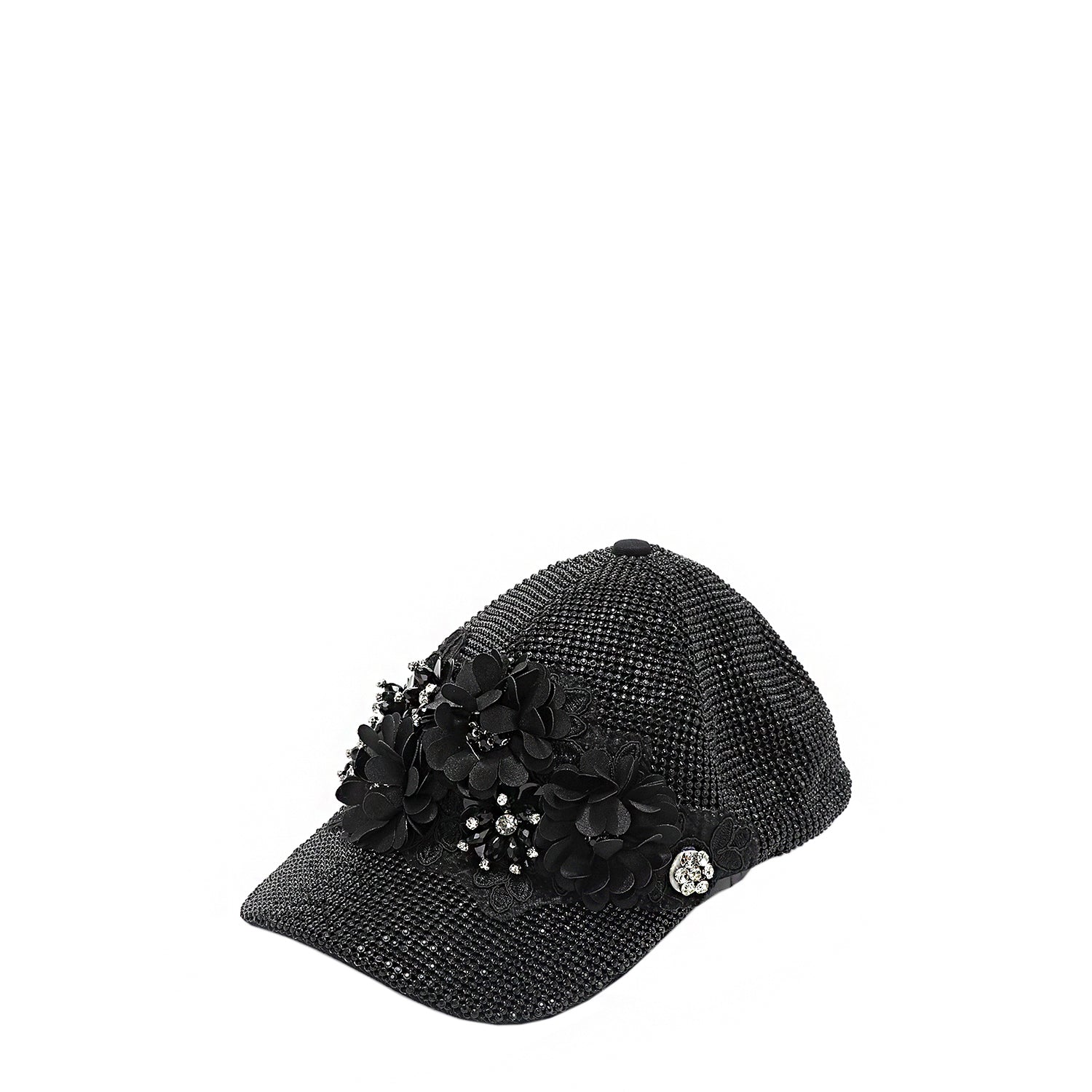 OUR MIDNIGHT FLOWER CAP IN BLACK WITH 4D BLACK FLOWERS EMBELLISHED DIAMOND MESH WITH BLACK RHINESTONE.