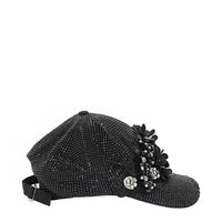 OUR MIDNIGHT FLOWER CAP IN BLACK WITH 4D BLACK FLOWERS EMBELLISHED DIAMOND MESH WITH BLACK RHINESTONE.