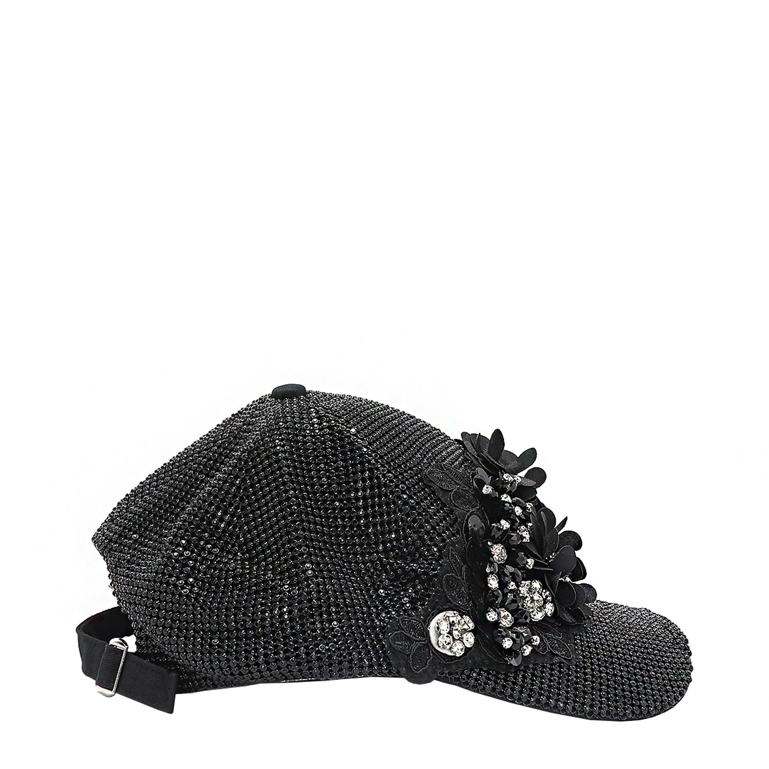 OUR MIDNIGHT FLOWER CAP IN BLACK WITH 4D BLACK FLOWERS EMBELLISHED DIAMOND MESH WITH BLACK RHINESTONE.