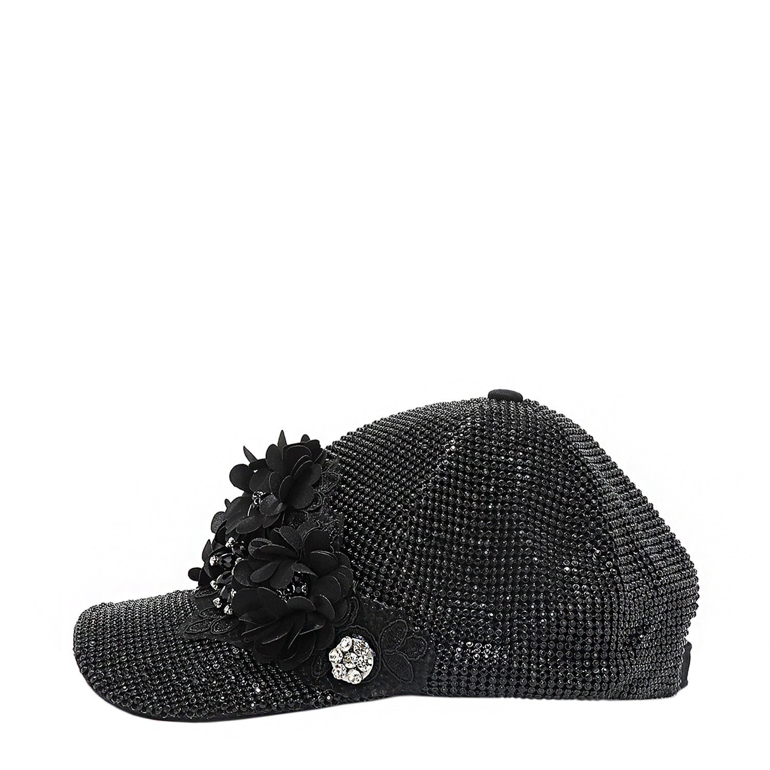 OUR MIDNIGHT FLOWER CAP IN BLACK WITH 4D BLACK FLOWERS EMBELLISHED DIAMOND MESH WITH BLACK RHINESTONE.