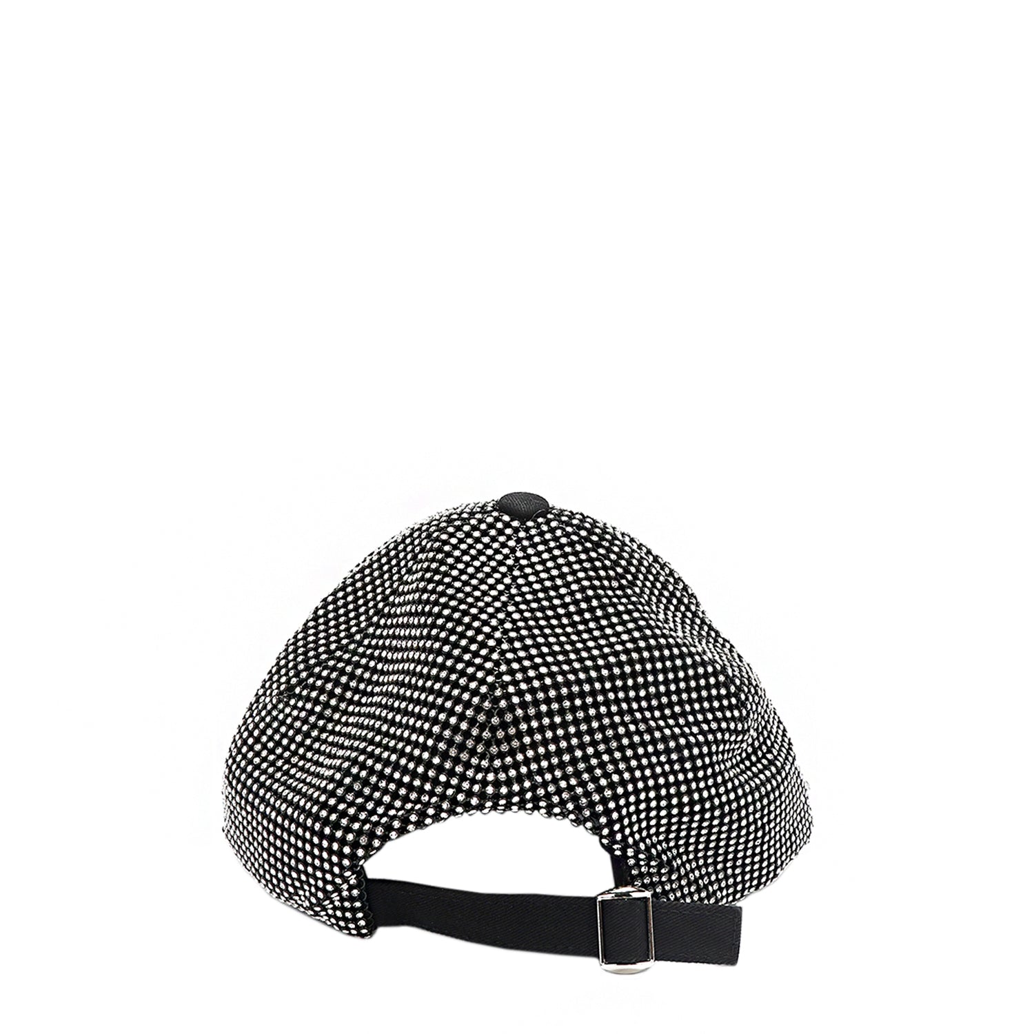 OUR MIDNIGHT FLOWER CAP IN SILVER WITH AN ADJUSTABLE METAL CLASP BACK CLOSURE.