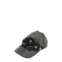 OUR MIDNIGHT FLOWER CAP IN SILVER  WITH 4D BLACK FLOWERS EMBELLISHED DIAMOND MESH WITH SILVER RHINESTONE.