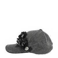 OUR MIDNIGHT FLOWER CAP IN SILVER  WITH 4D BLACK FLOWERS EMBELLISHED DIAMOND MESH WITH SILVER RHINESTONE.