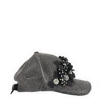 OUR MIDNIGHT FLOWER CAP IN SILVER  WITH 4D BLACK FLOWERS EMBELLISHED DIAMOND MESH WITH SILVER RHINESTONE.