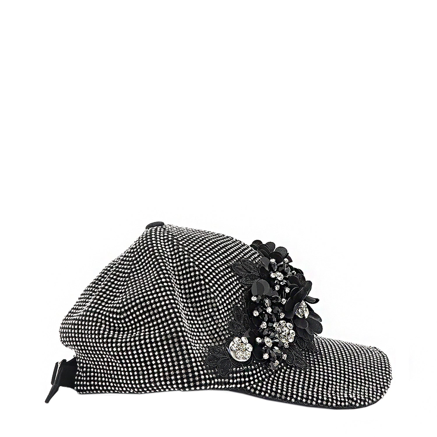 OUR MIDNIGHT FLOWER CAP IN SILVER  WITH 4D BLACK FLOWERS EMBELLISHED DIAMOND MESH WITH SILVER RHINESTONE.