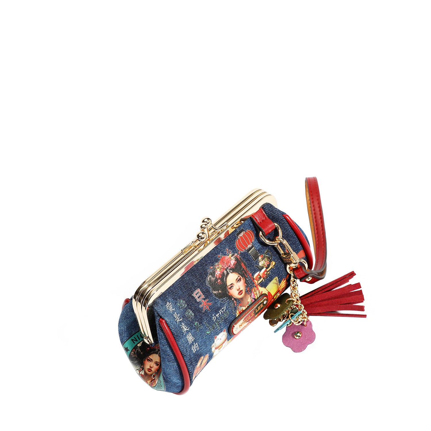 Denim Mini Kiss Lock Coin Purse Leather Wristlet Flower Keychain