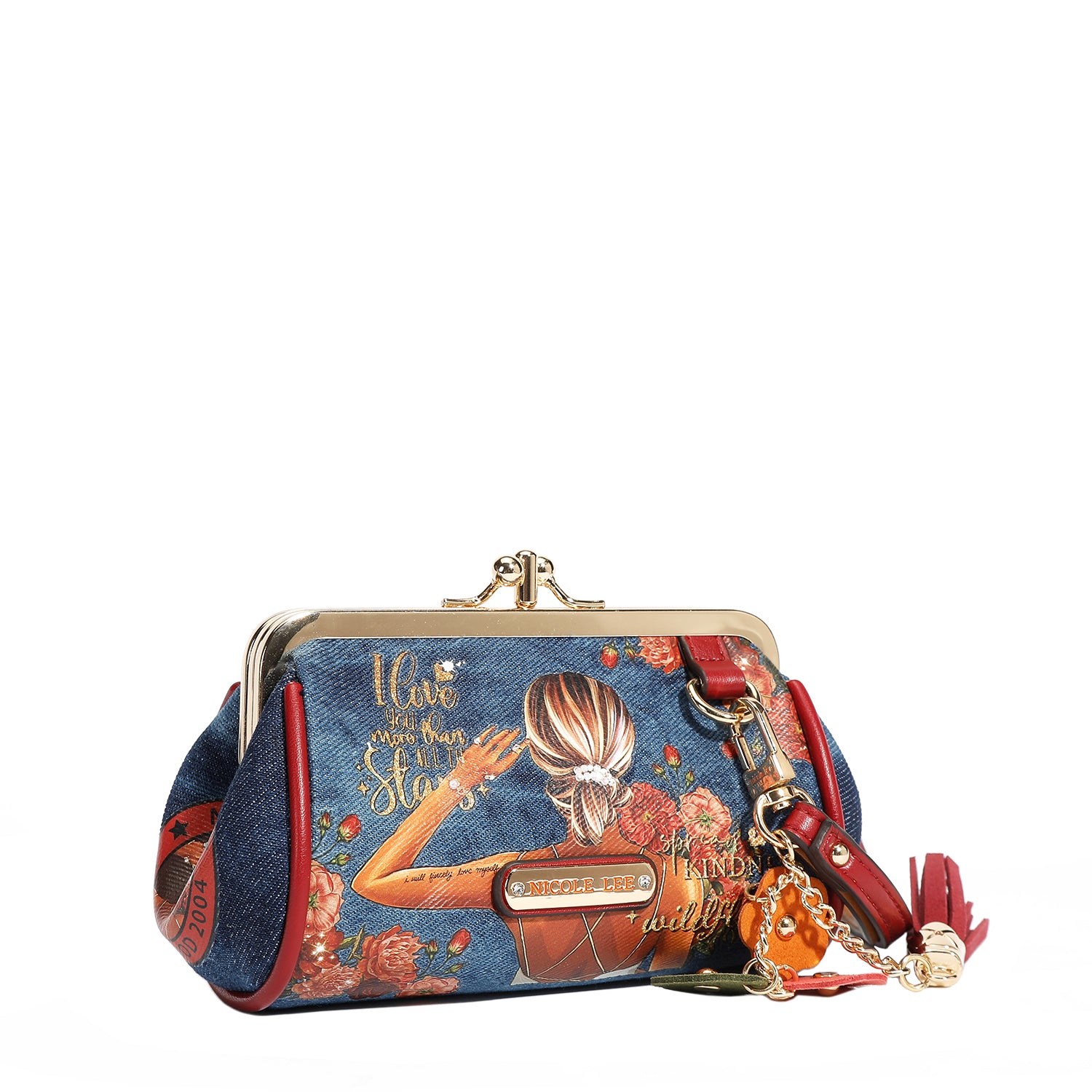 Denim Mini Kiss Lock Coin Purse Leather Wristlet Flower Keychain