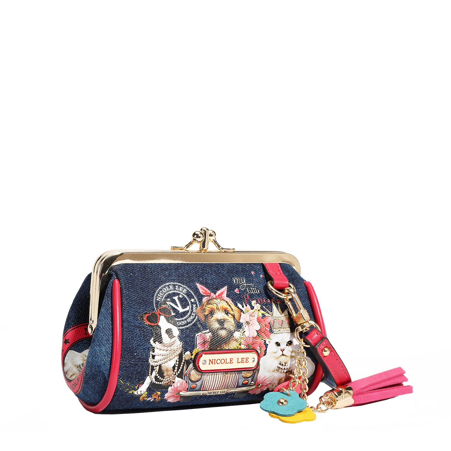 Denim Mini Kiss Lock Coin Purse Leather Wristlet Flower Keychain
