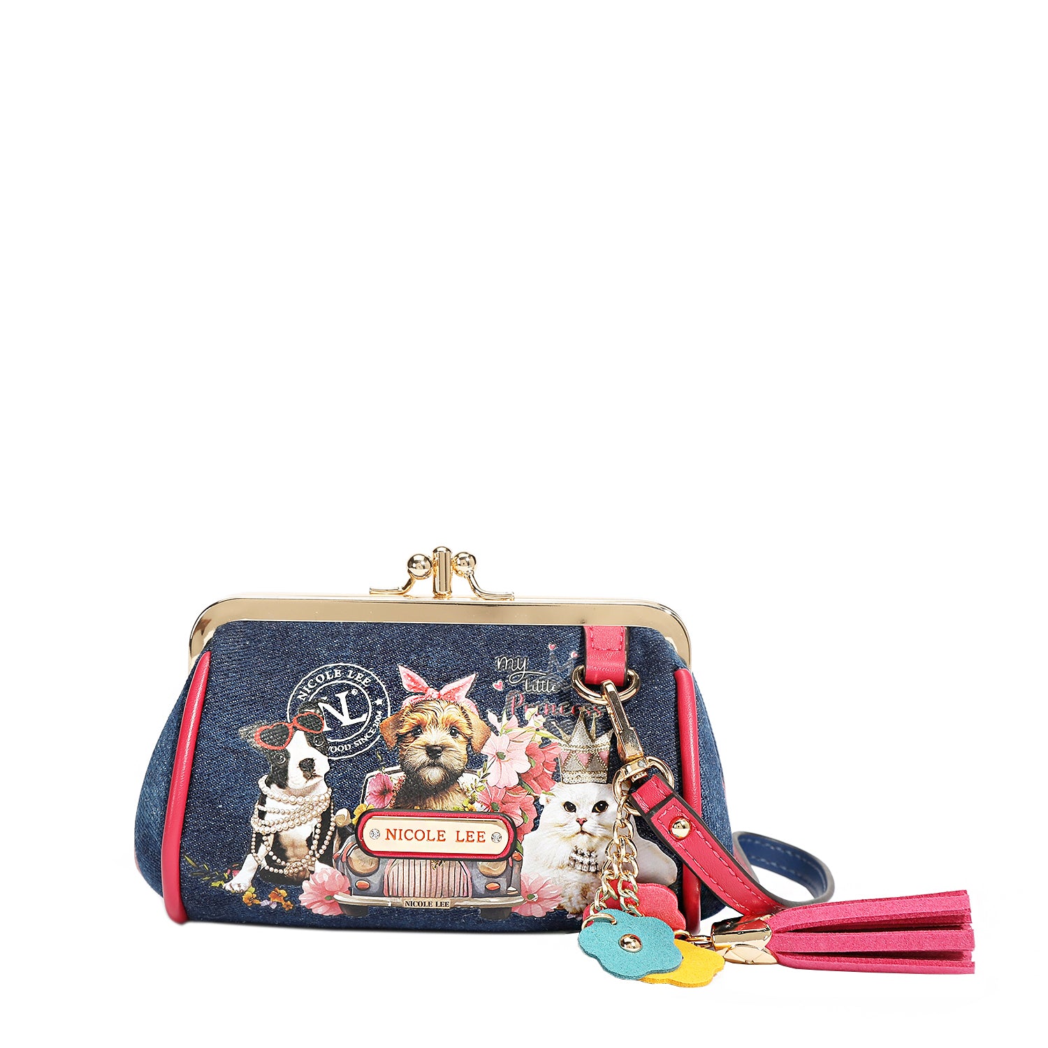 Denim Mini Kiss Lock Coin Purse Leather Wristlet Flower Keychain