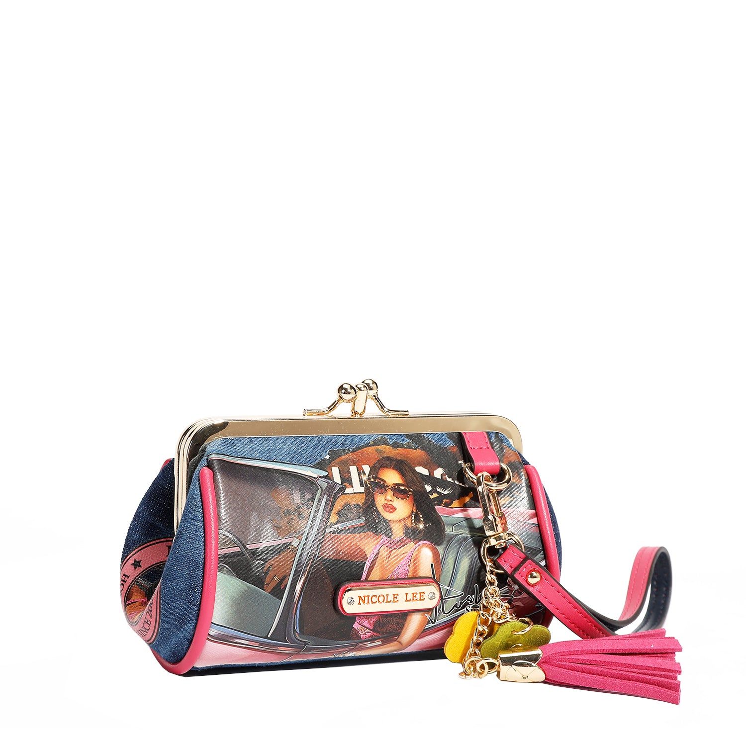 Denim Mini Kiss Lock Coin Purse Leather Wristlet Flower Keychain